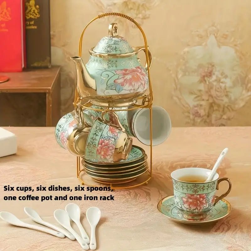 Green Elegance in Bloom: 20-Piece Ceramic Tea and Coffee Set with Iron Rack - Image 2