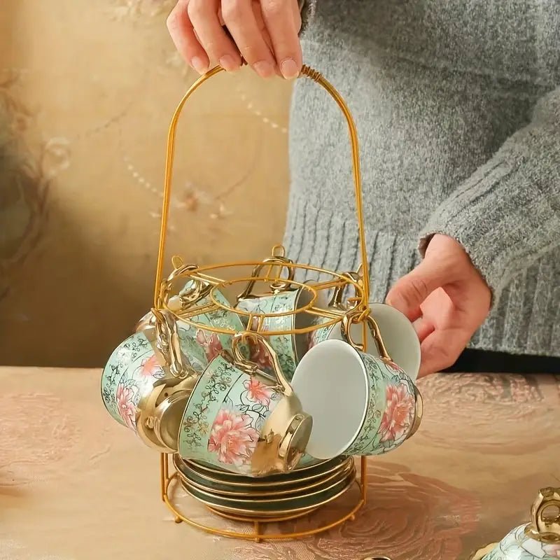 Green Elegance in Bloom: 20-Piece Ceramic Tea and Coffee Set with Iron Rack - Image 5