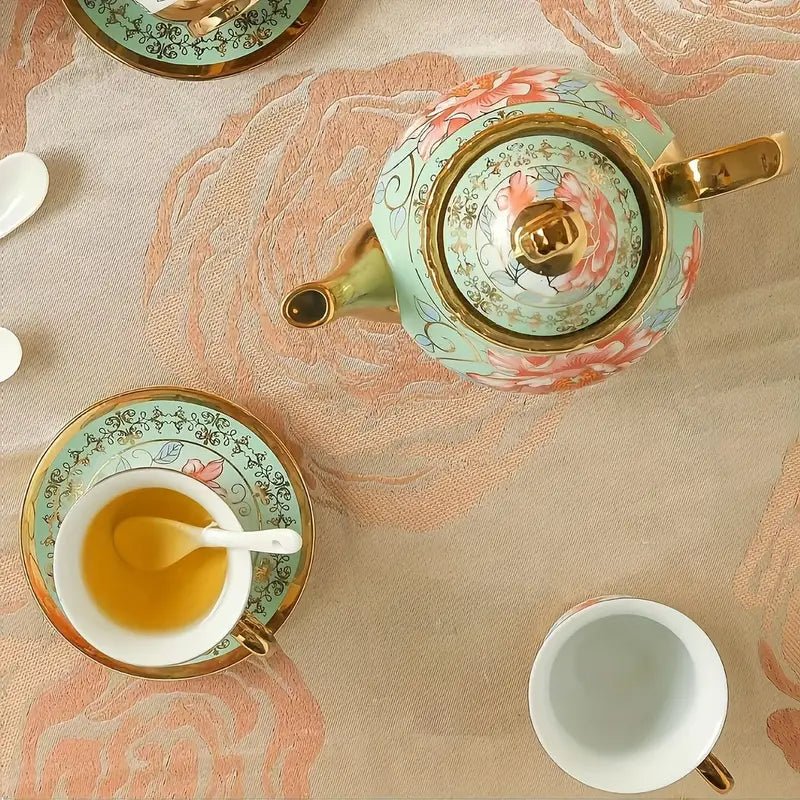 Green Elegance in Bloom: 20-Piece Ceramic Tea and Coffee Set with Iron Rack - Image 4