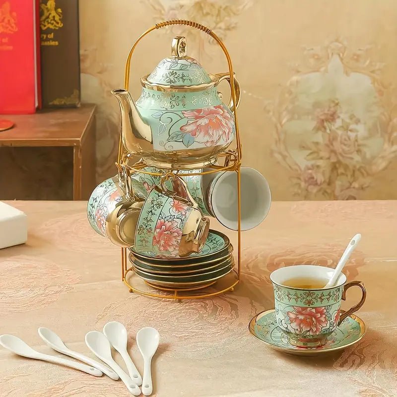 Green Elegance in Bloom: 20-Piece Ceramic Tea and Coffee Set with Iron Rack - Image 3
